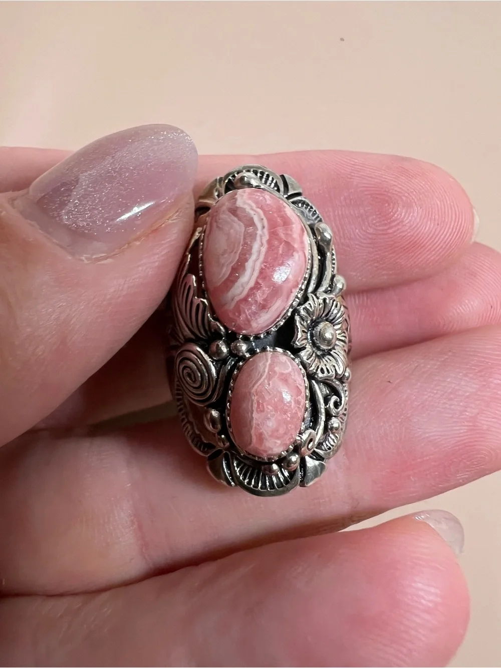 Sterling Silver Pink Rhodochrosite Statement BBJ Ring